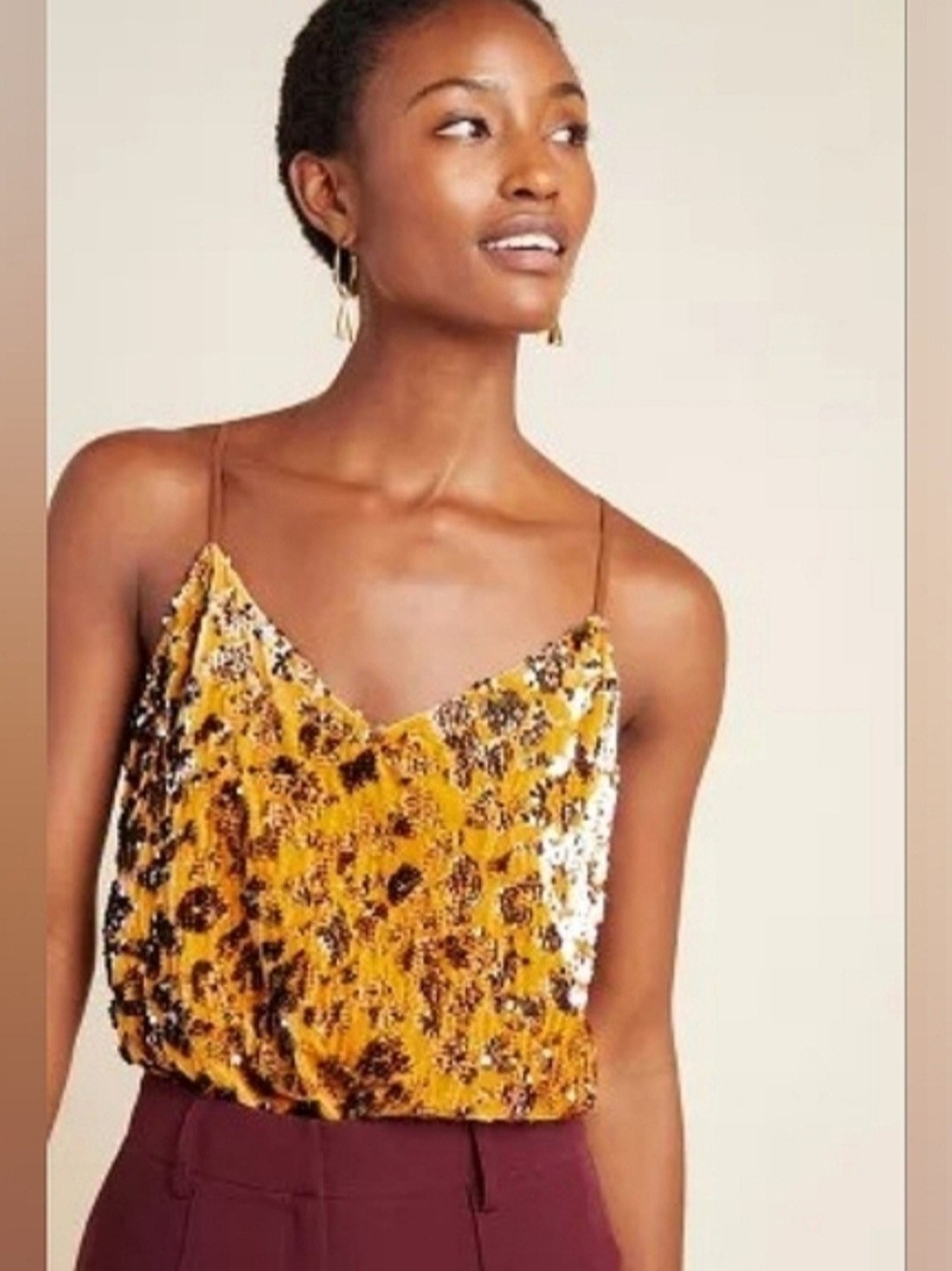 Ro & De Mustard Yellow Sequin Velvet Party Cami